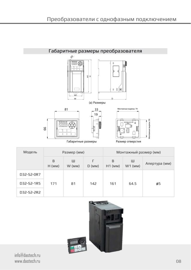 Преобразователь частоты Dastech D32-S2-0R7, 0,75 кВт, 220 В