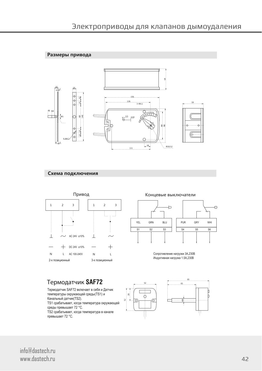 Размеры и схема подключения электропривода Dastech FS-10N220S